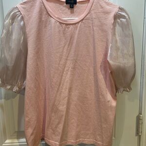 Anthropologie Pale Pink Tee with Sheer Ivory Puff Sleeves